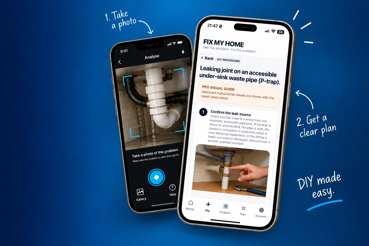 Fix My Home app showing photo analysis and a step-by-step DIY repair plan