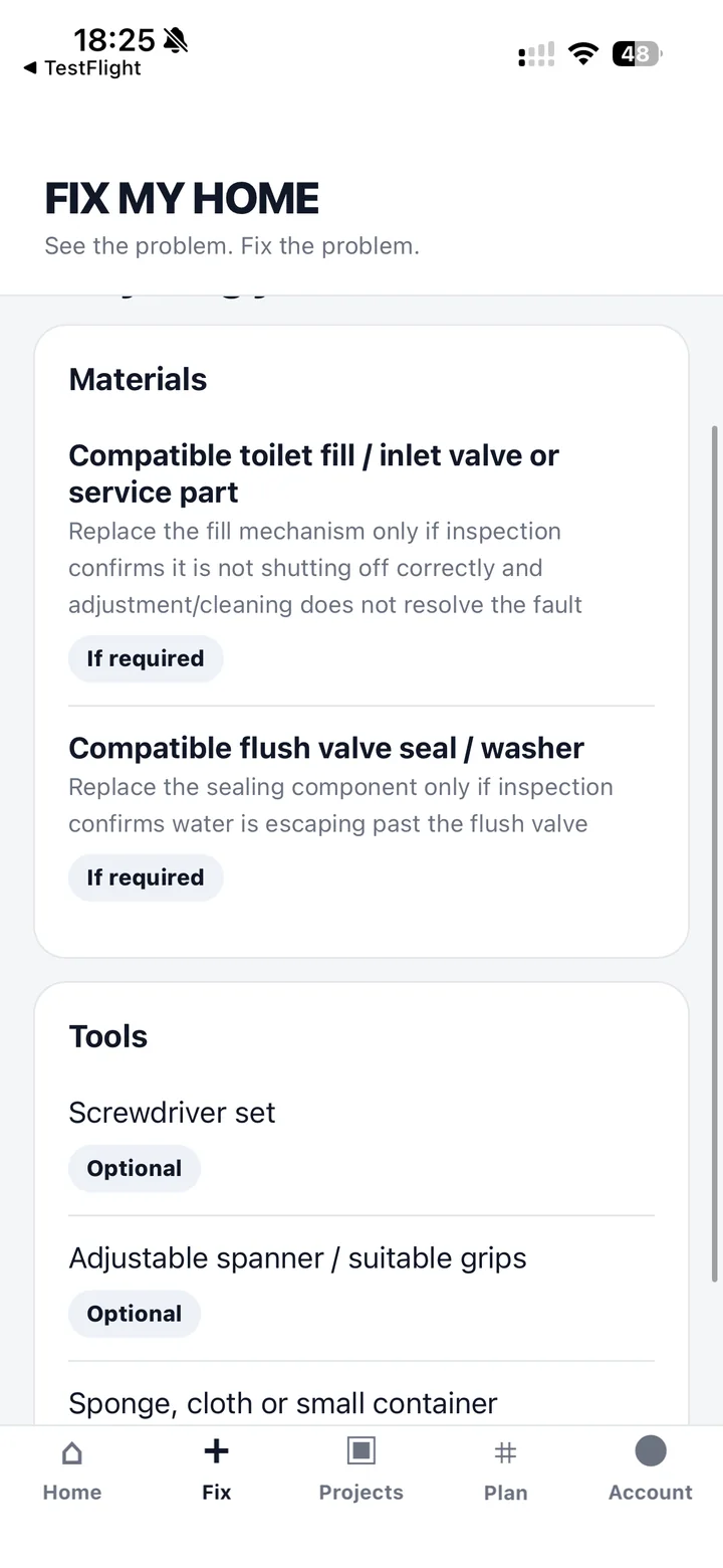 Fix My Home materials and tools list
